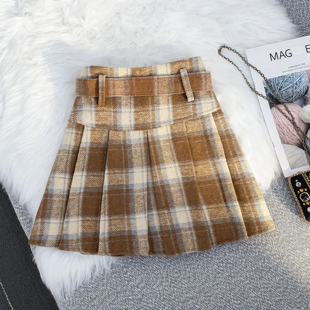 Pretty Style Spring Autumn Women Plaid Mini Tweed Skirt High Waist Schoolgirl Sweet Kawaii A-Line Short Thick Pleated Skirts