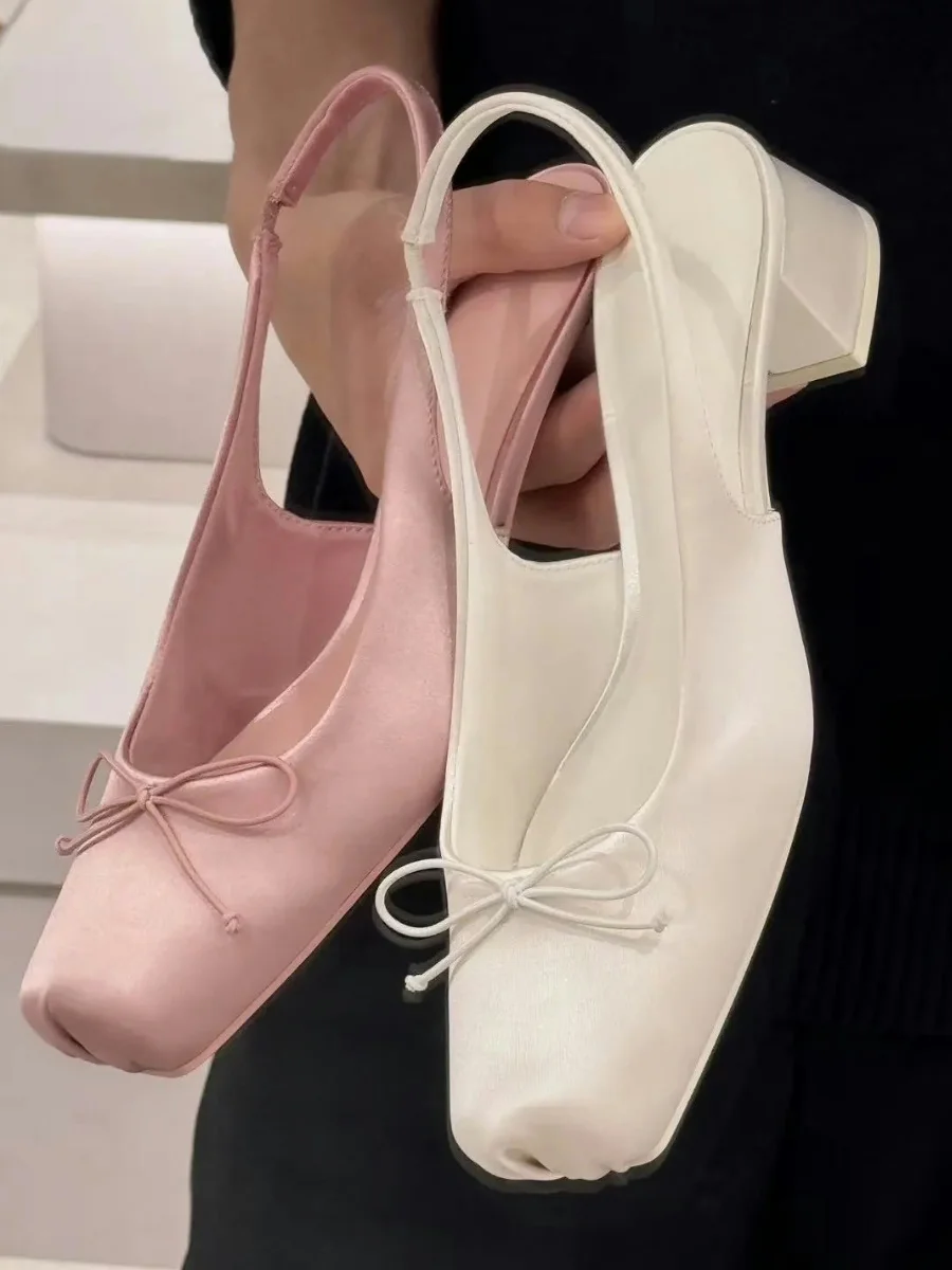 

IPPEUM Women Ballet Flats Satin Low Heel Square Toe Pumps Mary Janes 2025 Fashion High Heels Ballerina Shoes Plus Size 43
