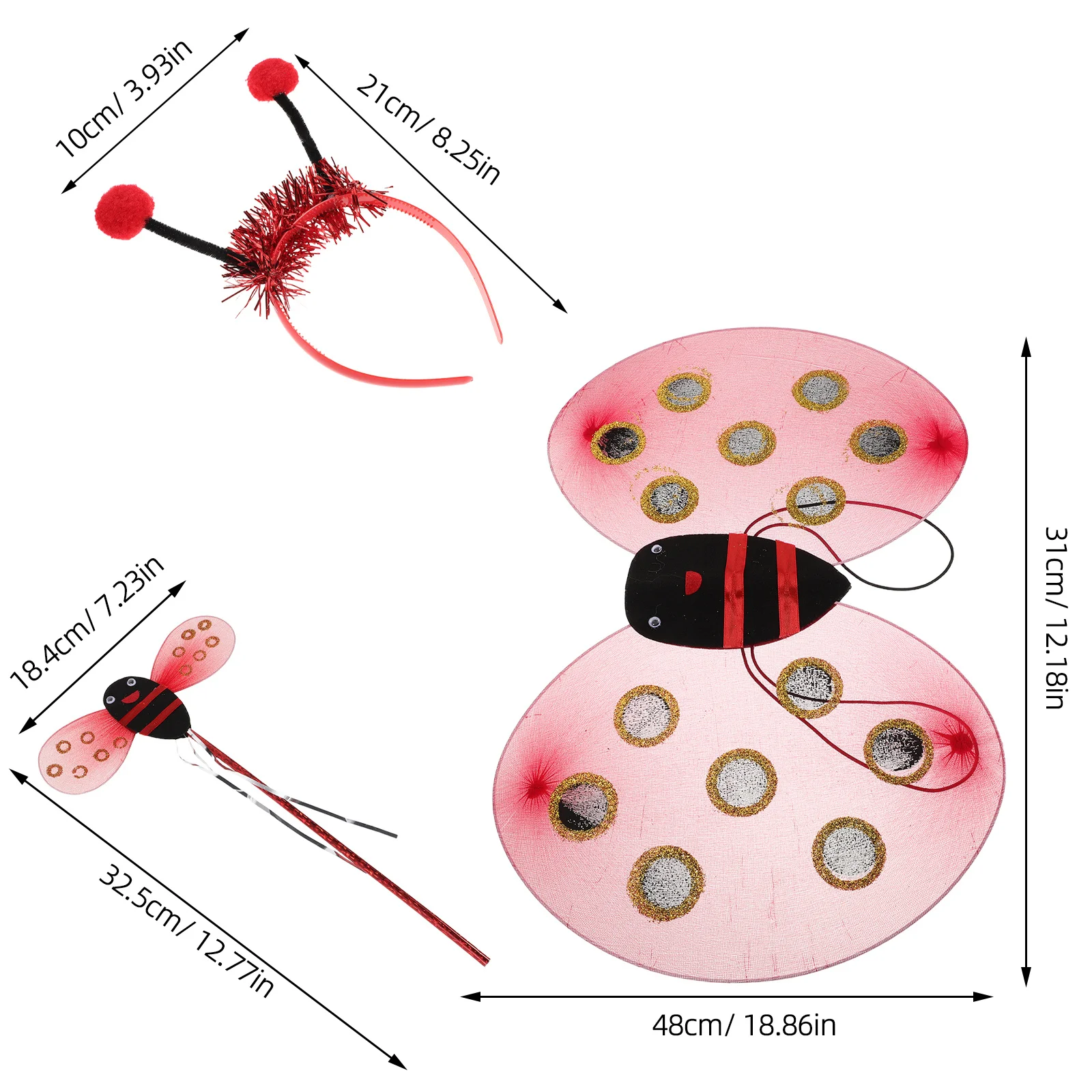1Set Ladybug Wings Red Foldable Lightweight Costume Headband Fairy Wand Halloween Insect Cosplay Kids Set Ladybug Costume Wings