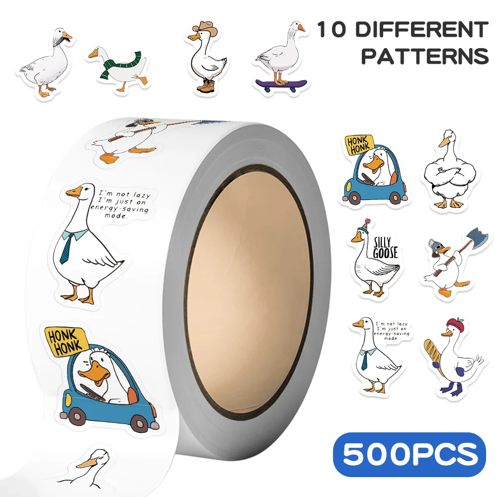 500Pcs Roll Funny Goose Stickers Silly Goose Cartoon Bird Adhesive Decals For Scrapbook Journal Water Bottle Phone Case Decor