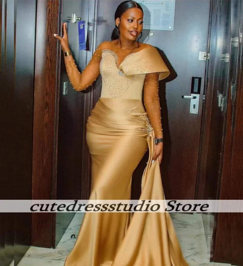 

Luxury Satin Evening Dresses For African Women Exquisite Peals Beaded Long Mermaid Wedding Party Dress 2025 Female Customized