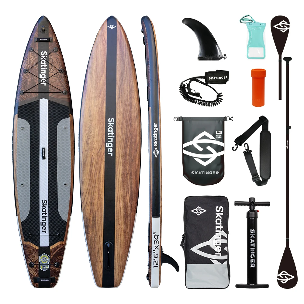 

Skatinger 2025 12'6" Wooden Design SUP Inflatable Stand-up Paddleboard Surfboard New Drop Stitch Longboard Paddle Padel Board