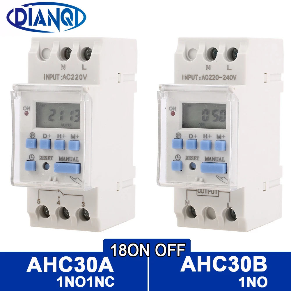 Dias Trilho Din Lcd Semanal Programável Interruptor de Temporizador Eletrônico 1no1nc 220vac 12v24vdc 18on Off Relé de Tempo 1pc Ahc30a Ahc30b 40a