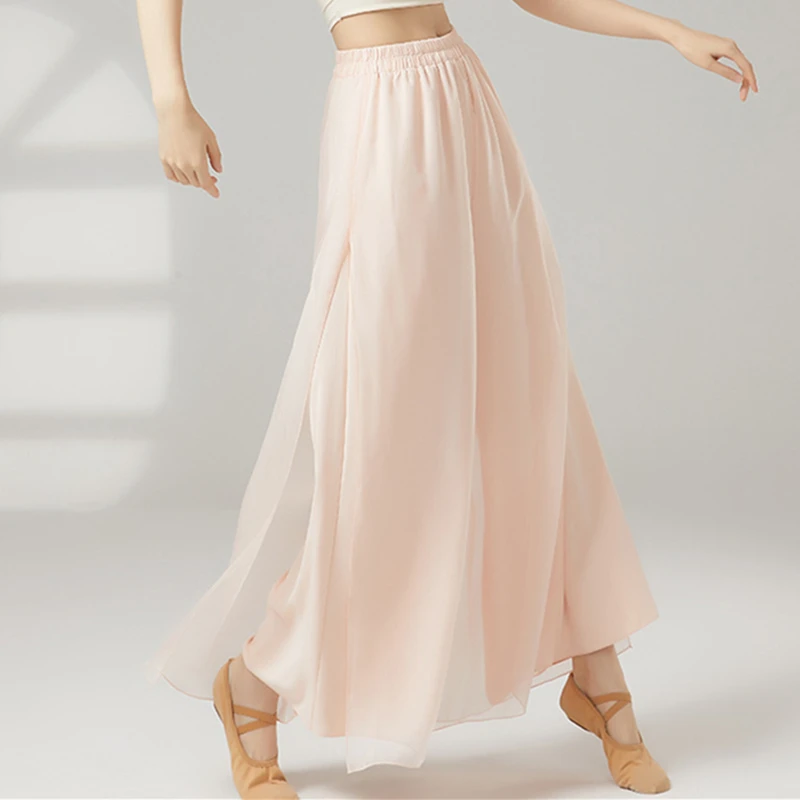 Klassieke dansbroek Dames Loose Fit Dubbellaags Zijsplit Chiffon Broek Wijde pijpen Broek Toneelkostuums Casual Lounge Wear