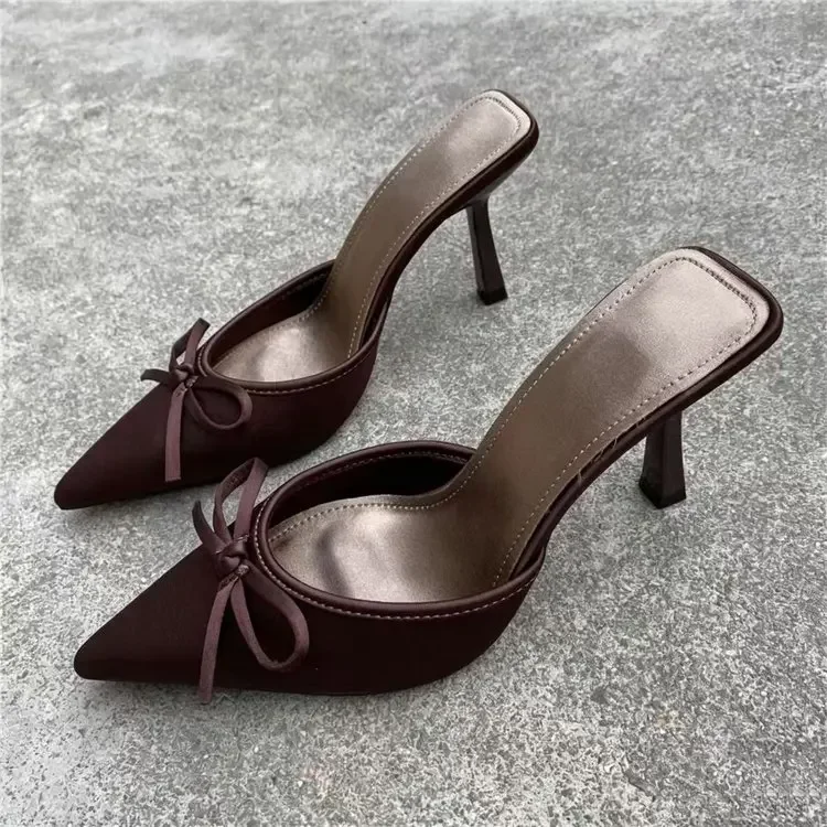 Bequeme, modische, spitz zulaufende High Heels mit Schmetterlingsknoten, Sommer-Outdoor-Damen-Slipper aus weichem Leder – Detail 6