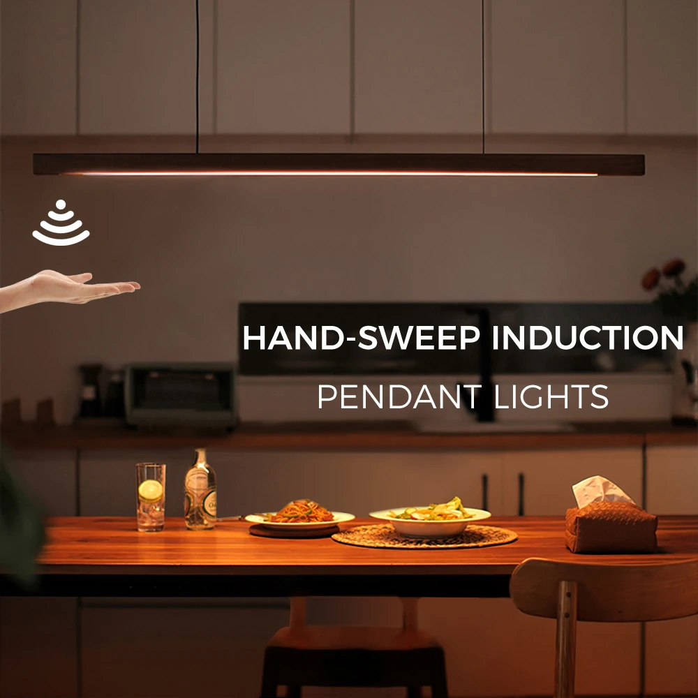 Retro nogueira madeira linear luminária led mão varredura sensor luz preto pendurado lâmpadas para sala de estar cozinha barra jantar lâmpada