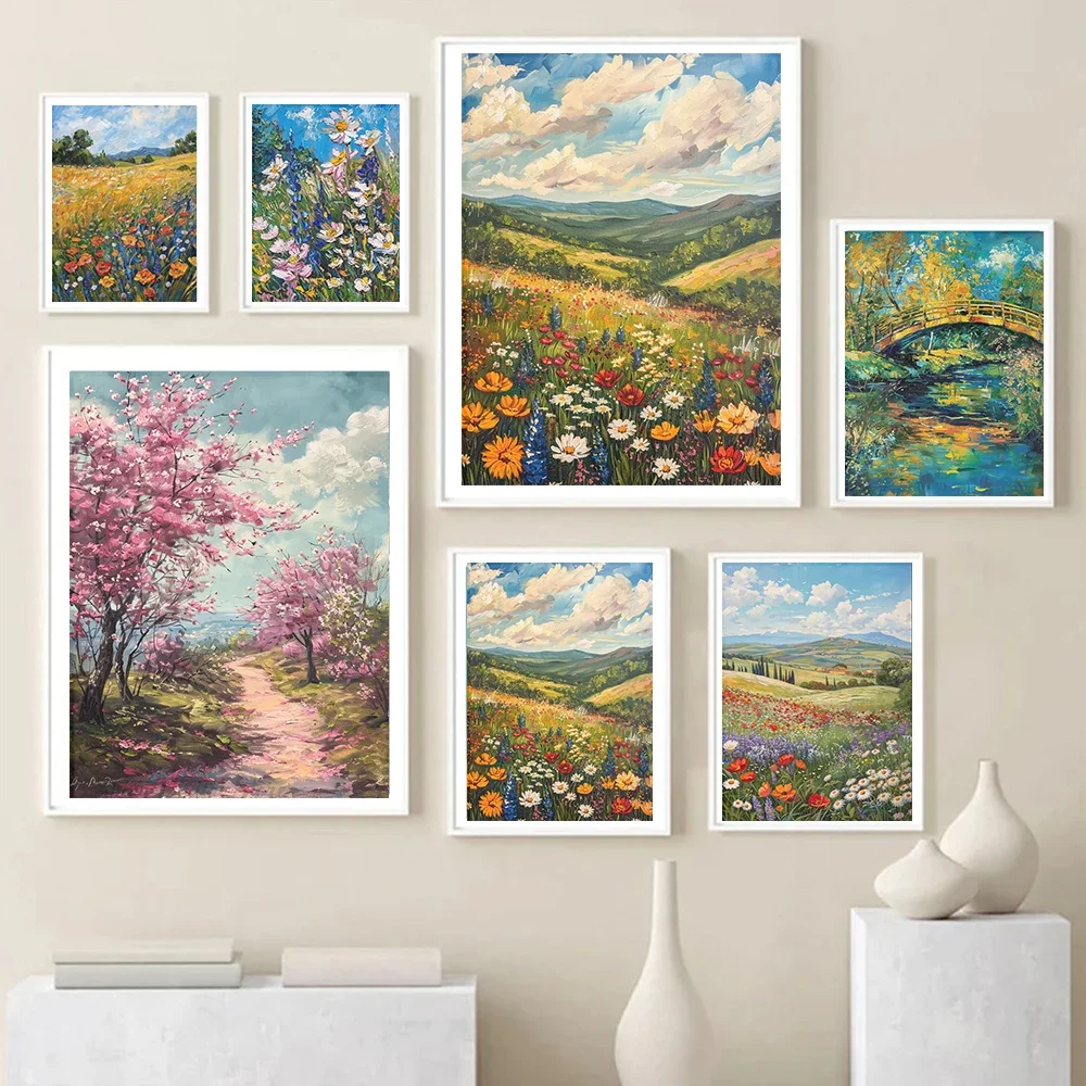 1PC frameless decorative art print,European Rural Scenery Aesthetic Art Posters Prints Abstract Field Flowers Landscape Canvas P