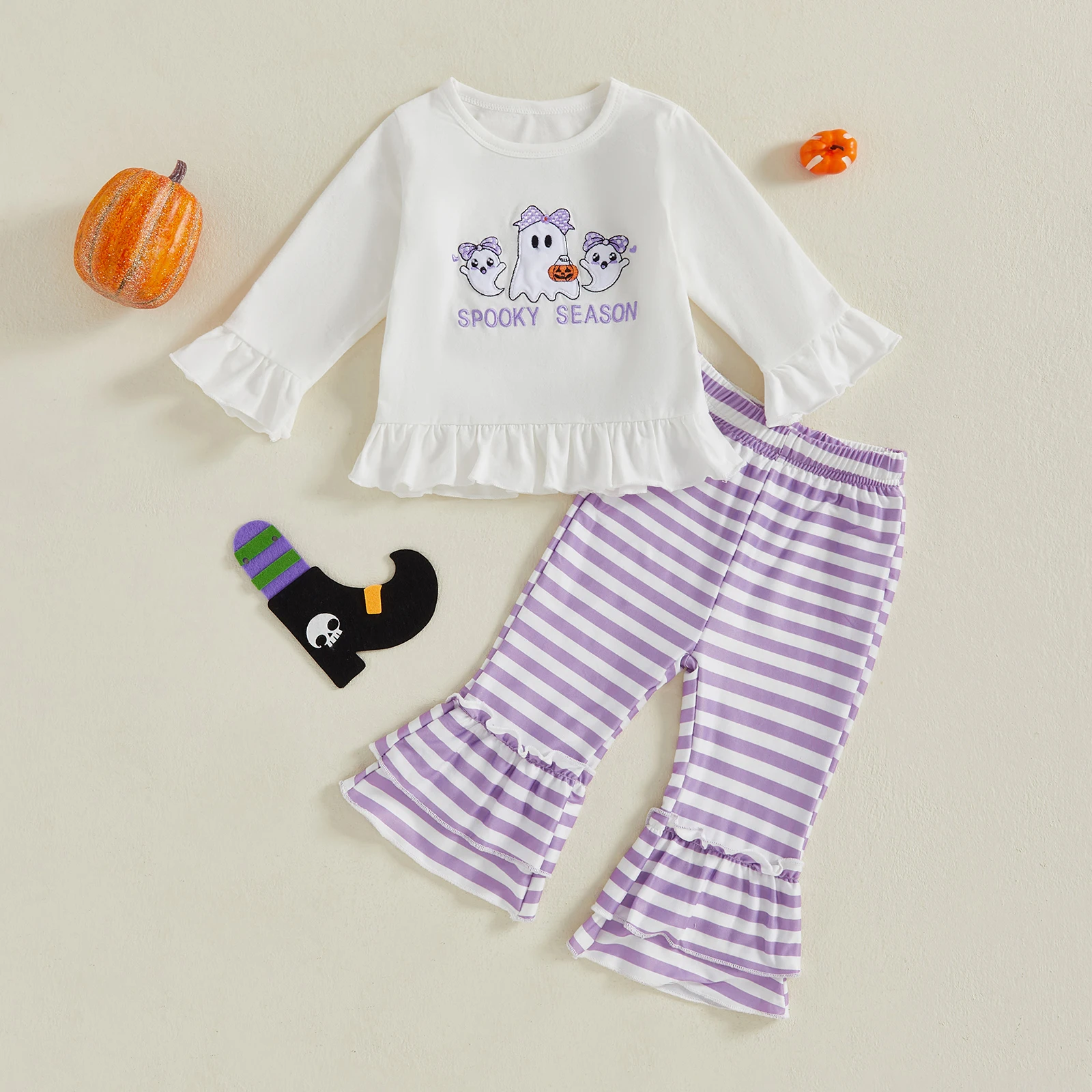 FOCUSNORM 2 ألوان الرضع طفل الفتيات هالوين الملابس مجموعة شبح التطريز كم طويل البلوز القمم مع مخطط مضيئة السراويل #4