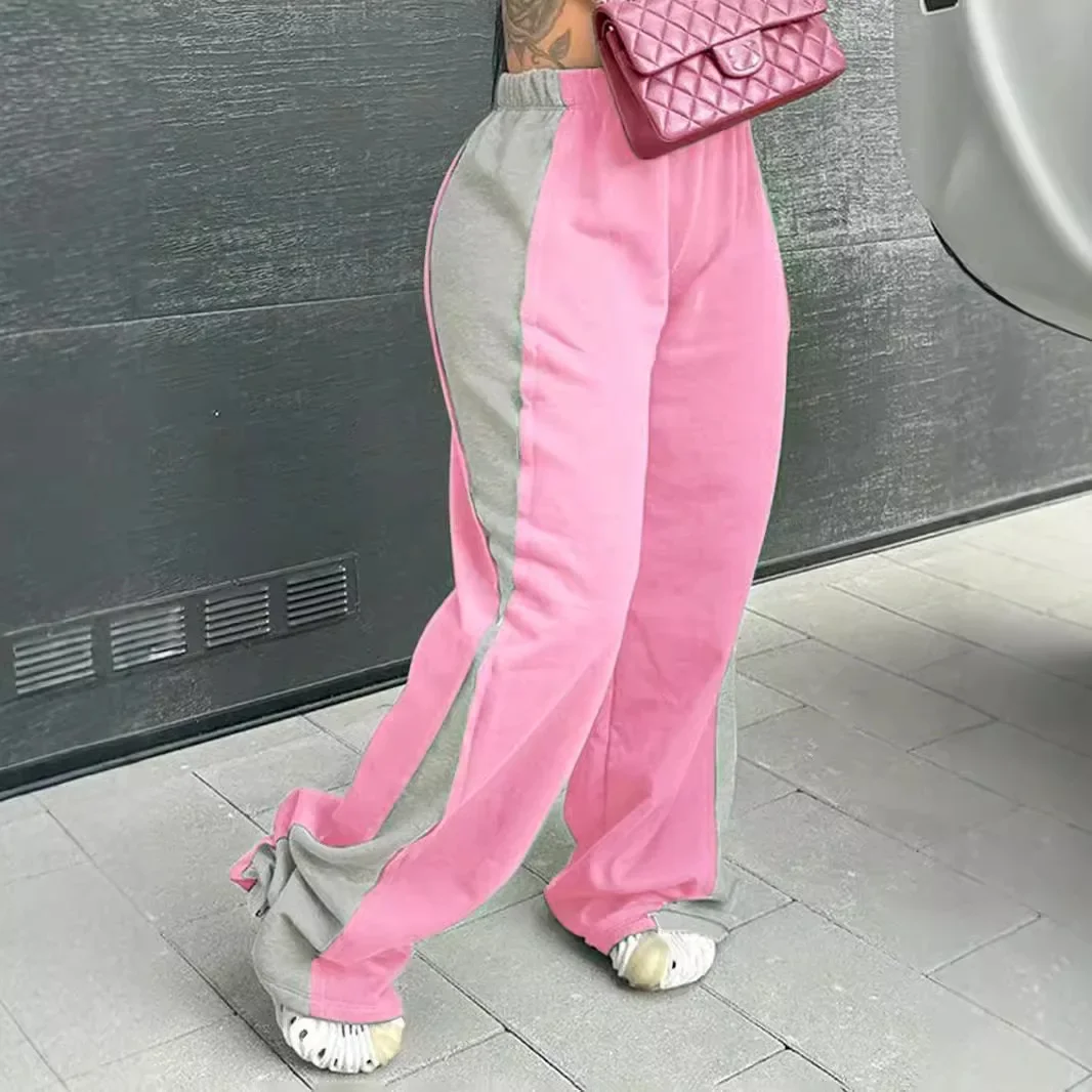 Women Wide Leg Pants Print Elastic Waist Spiced Casual Long Pant Patchwork Floor Lent Trousers Streetwear Sporty Autumn Winter