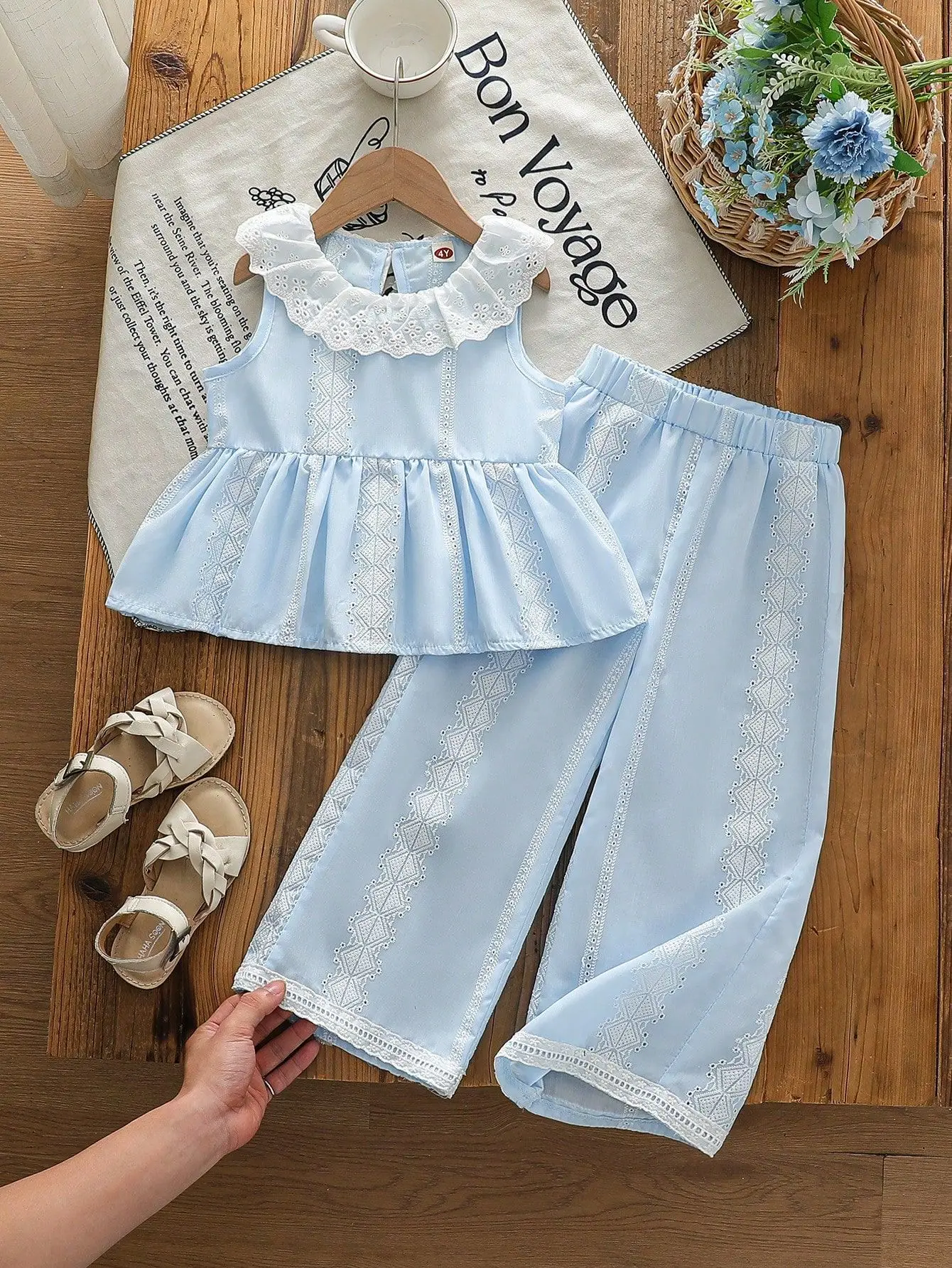 New Spring Summer Girls 2 Piece Set Pastoral Style Ruffle Trim Tank Dress  Wide Leg Pants Outfit for 4-7Y