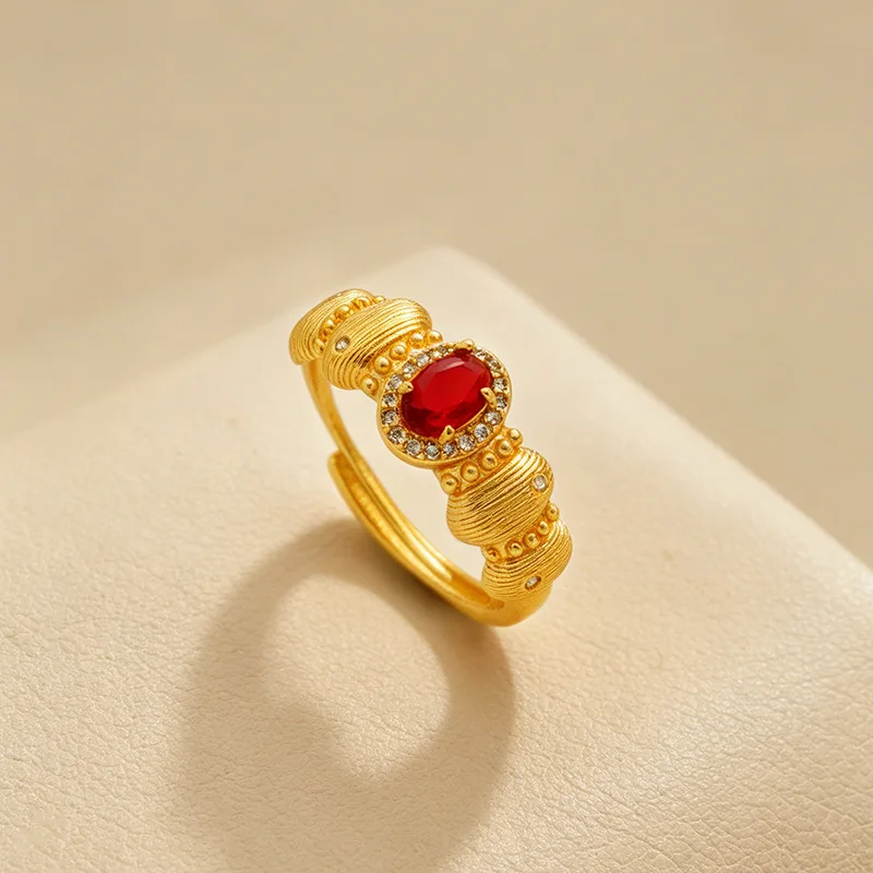 Luxury 24K 9999 Pure Gold real gold Point Drill Wire-drawing Ring Women Red Moissanite Ring