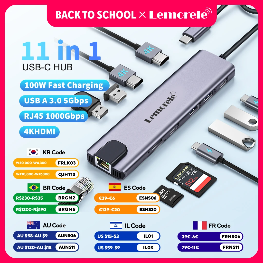 Lemorele 11 in 1 USB C HUB 4K HDMI Type C USB Adapter Port 100W PD RJ45 480Mbps SD/TF Slot Fast Data Transfer for Mac Windows