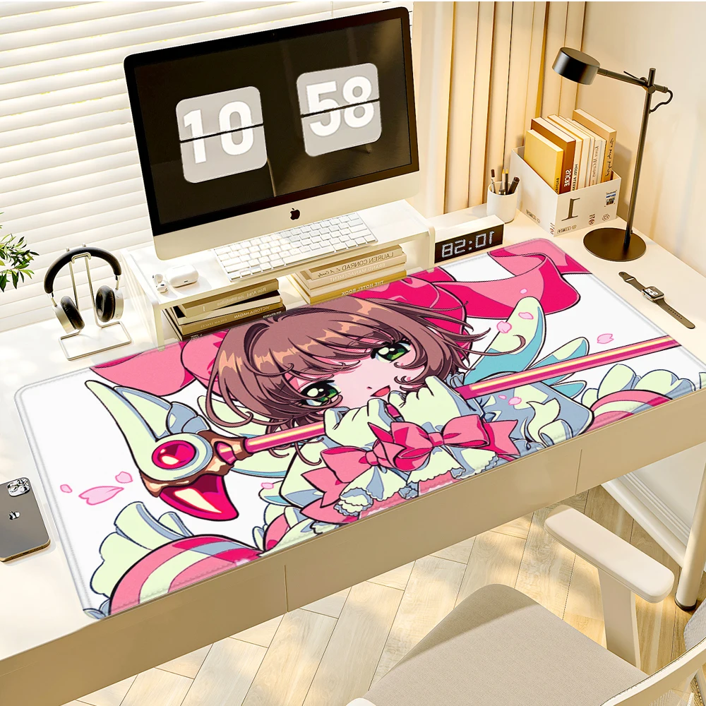 Gaming-Mauspad, Schreibtischunterlage, Rutschfest, Genähte Kanten, Niedlicher Magischer Anime-Mädchen & Rosa Zauberstab-Druck Gaming-Tastaturmatte für Gamer