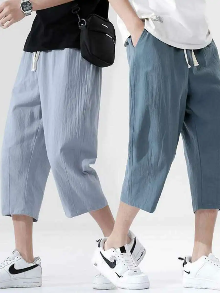 

Summer Casual Cotton Lin Men's Loose Straight Leg Pants Teenager Trendy Seven Eight Points Korean Version Jeans Middle Waist