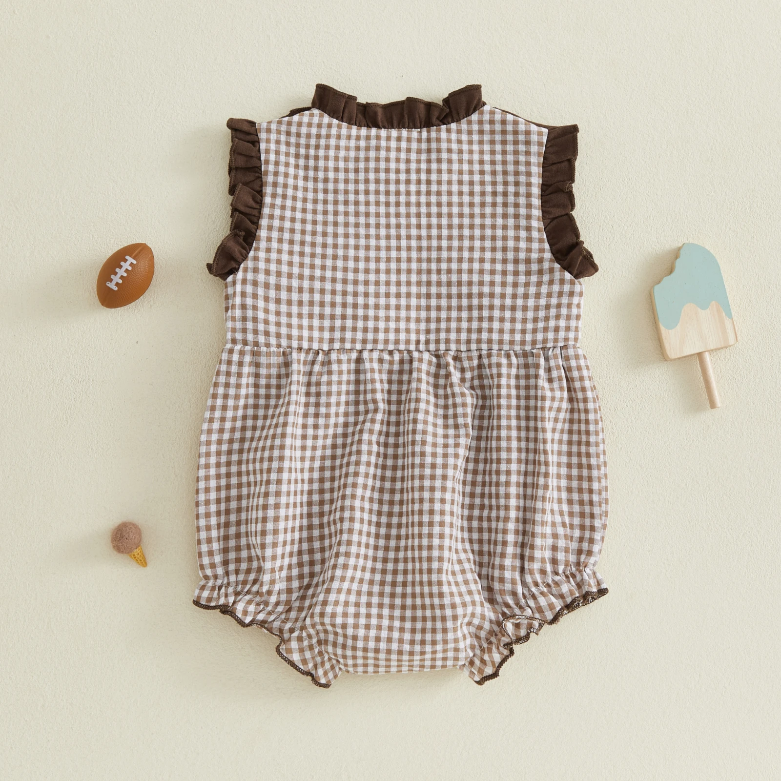 Cute Baby Girl Football Romper with Bows Plaid Embroidered Sleeveless Lace Bodysuit Outfits