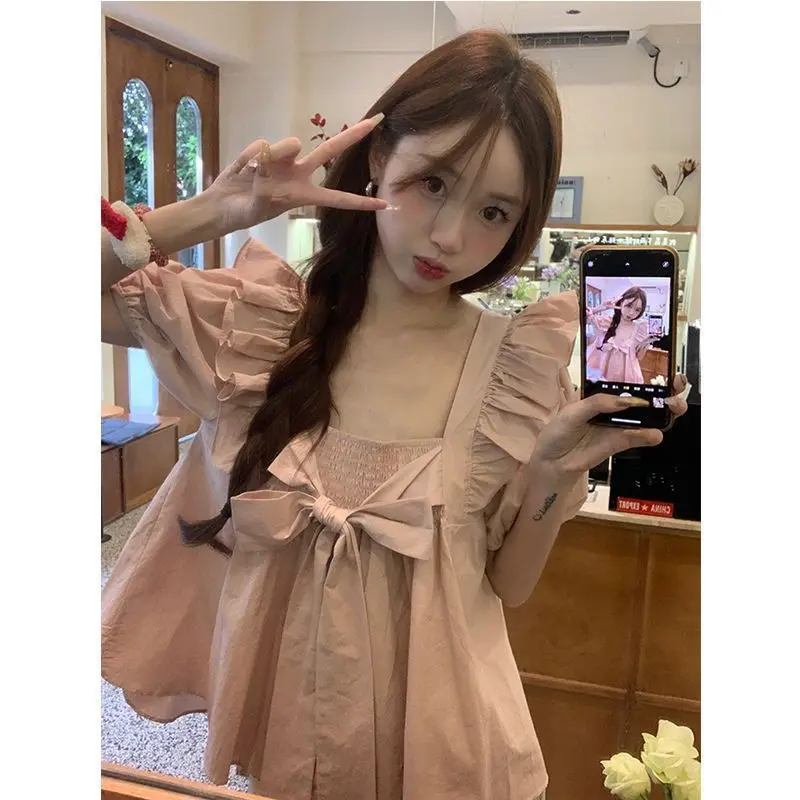 French style sweet square neck small fly sleeve ruffle edge shirt for women\'s summer new 2024 new apricot skirt doll top