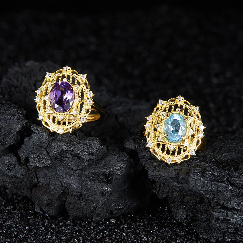 

s925Sterling Silver Inlaid Natural Topaz Amethyst Gemstone Ring for Women Vintage Hollow Out Popular Jewelry