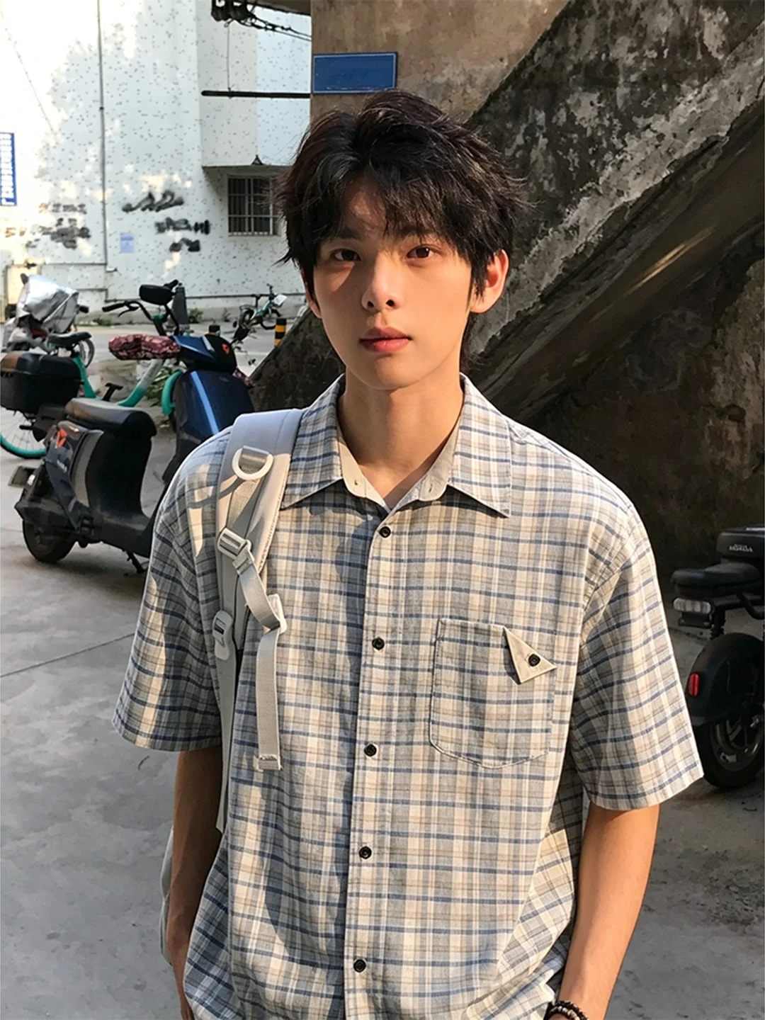 

Casual Style Men's Short Sleeve Shirt Summer High Sensation Cool Handsome Pocket Design Tie Dye Plaid Cotton Breathable Shirt