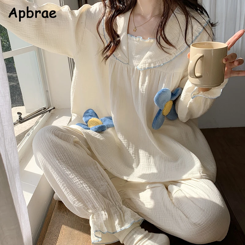 

Apbrae Crepe Cotton Women Pajamas Korean Homewear Spring Autumn Female Pijamas Long Sleeve Princess Style Sleepwear for Girl