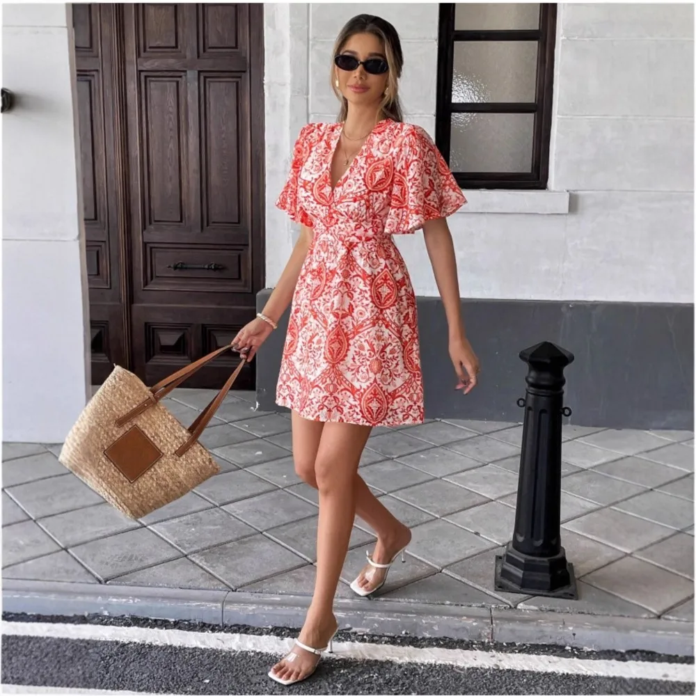 여름 프린트 러플 반팔 여성 비치 드레스 섹시한 딥 브이넥 캐주얼 휴가 우아한 여성 탄력 허리 미니 드레스