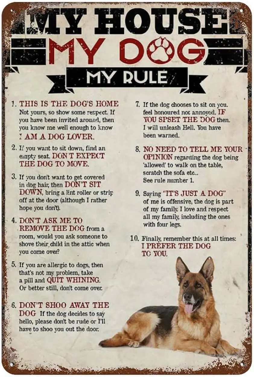 Funny Metal Tin Sign My House My Dog My Rule German Shepherd Vintage Wall Decor For Home Cafes Office Store Pubs Club Sign Gift