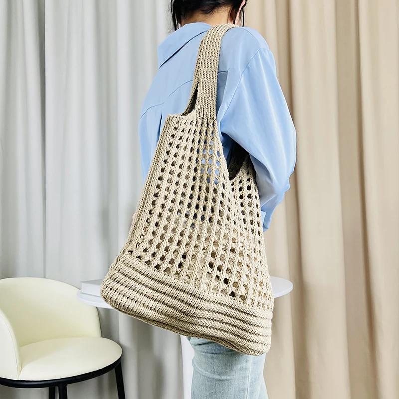 Handmade Knitted Women's Large Capacity Purse and Handbags Fashion Hollow Mesh Shoulder Bag Summer Beach Bags Shopper Totes