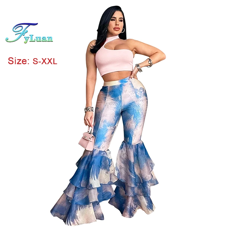 

Sweatpants 2025 Summer Fashion High Waist Flare Pants Female Trousers Tie Dye Print Lotus Leaf Retro Mesh Women Ruffles Leggings