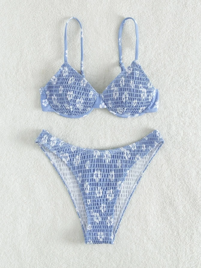 Bikini con correa de acero recogido pecho pequeño patrón de flores traje de baño Sexy Faionable chica caliente traje de baño térmico de primavera