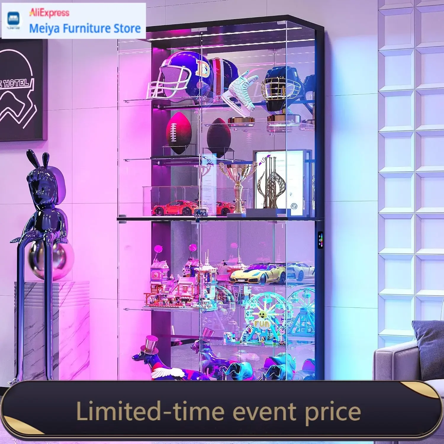 Black 10 Tier 71 Inch Frameless Tall Curio Display Cabinet RGB Lights Human Body Sensor Locking Showcase Collectibles Living Roo