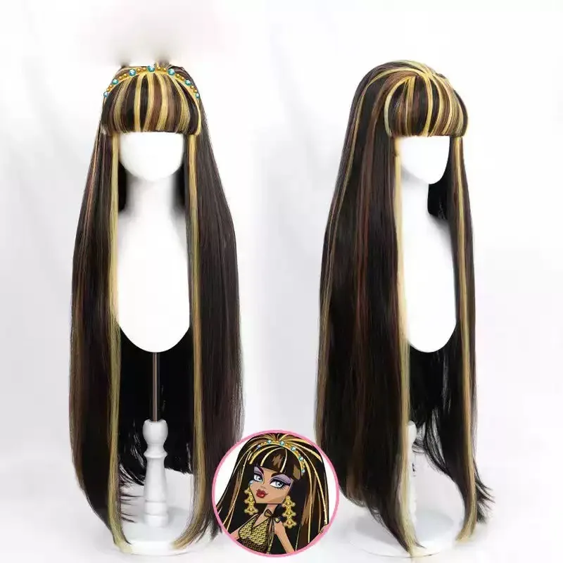 Black Golden Highlight Long Straight Cosplay Wig with Bangs Synthetic Hair Wig for Women Halloween Party Anime Costume