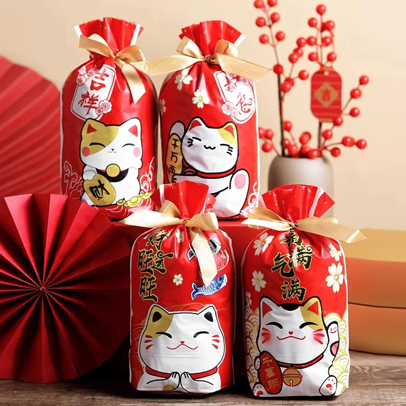 

50pcs CNY gift bag 2024 lunar new year Drawstring bag Dragon year Candy bag Cookies packaging Goodie Bag Party Bag for kids