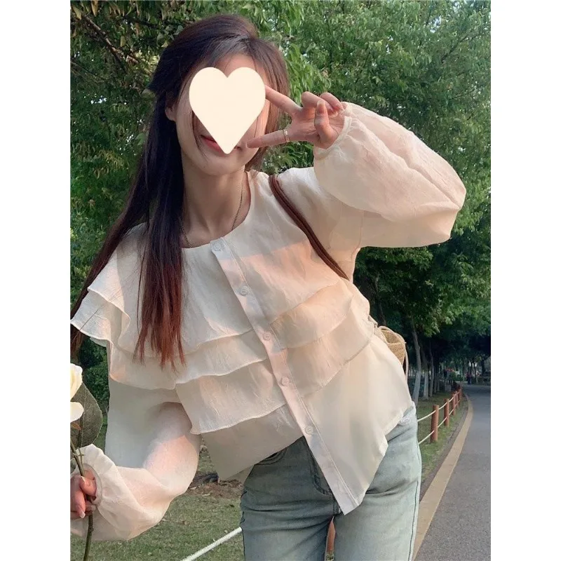 Elegant Purple Chiffon Shirt Women's Spring Summer 2026 New Design Lace Trim Lantern Sleeve Blouse Sweet Style round Neck Lon...