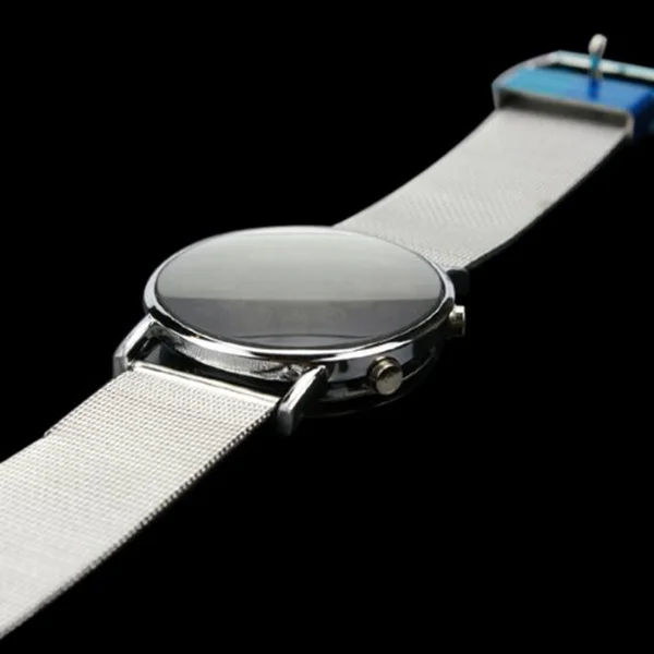 

Men's Round Silver Mirror Face Blue LED Digital Watch Stainless Steel Band Accurate Quartz Movement Nighttime Date Display