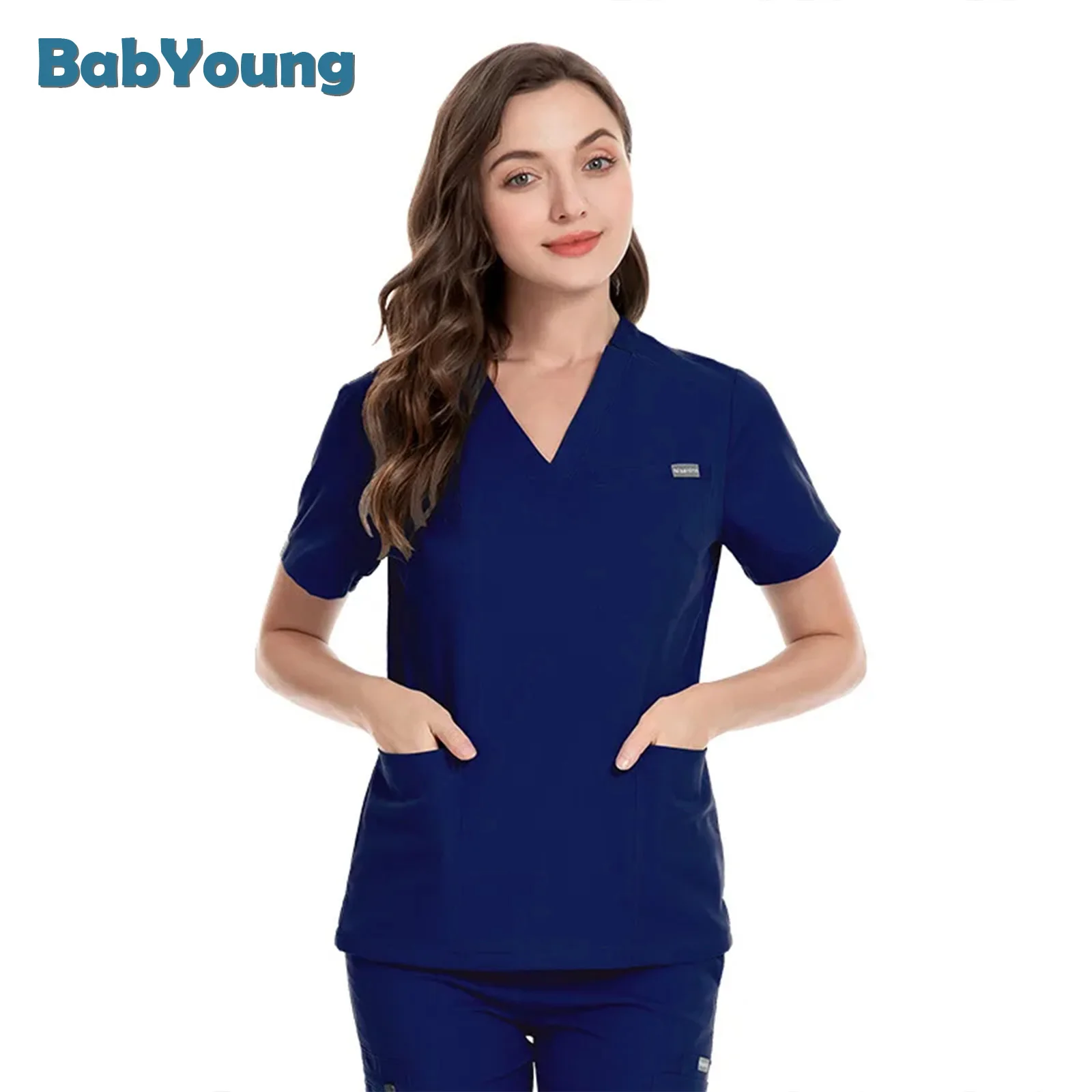 Mannen Vrouwen Scrub Verpleging Uniform Verpleegkundige Blouse Korte Mouw V-hals Scrub Tops Met Pocket Spa Shirt Unisex Werkkleding Uniform nieuwe