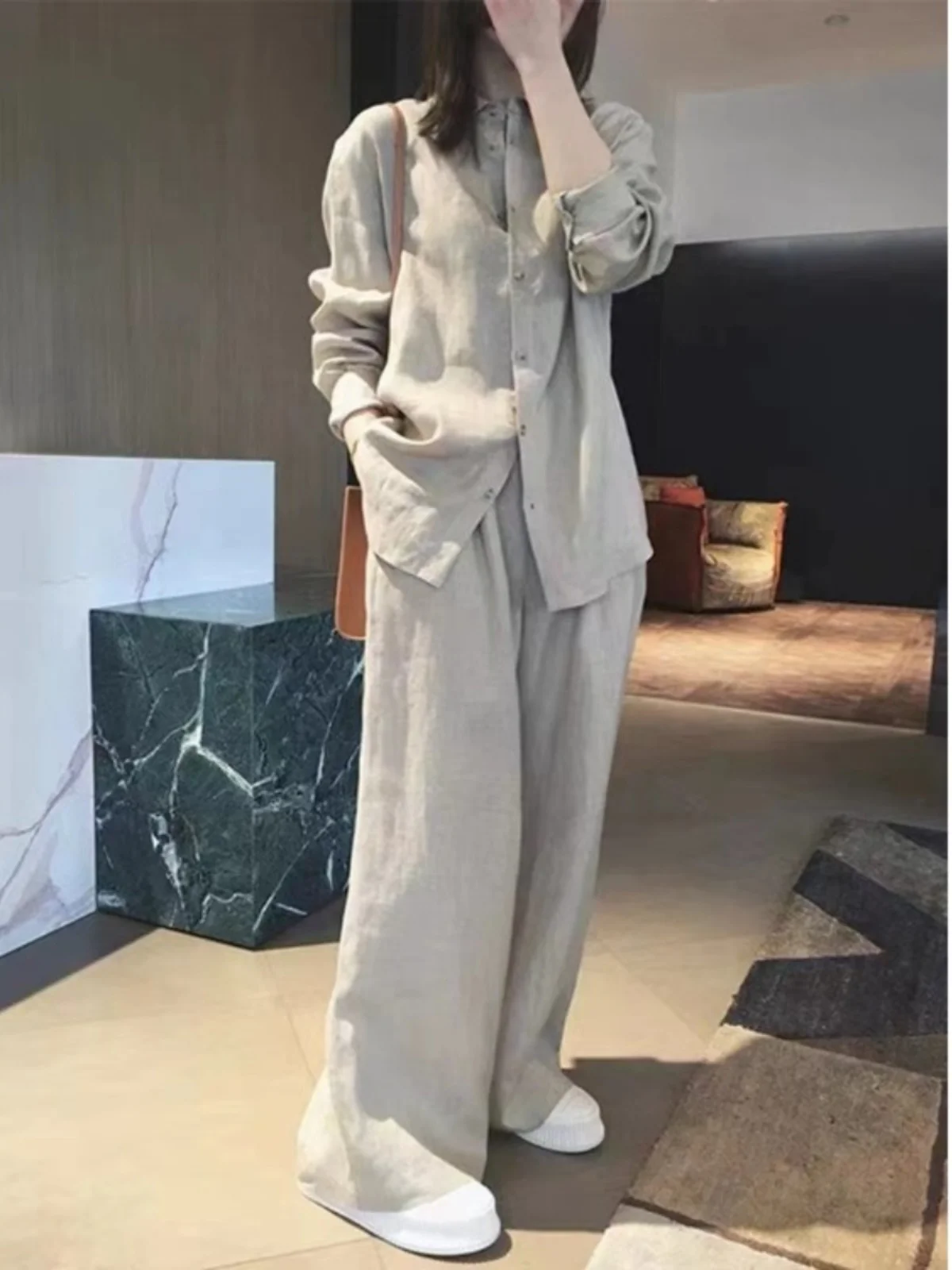 أوائل الخريف القطن الكتان مجموعة المرأة طويلة Sve حماية الشمس irt أعلى بنطال ذو قصة أرجل واسعة قطعتين مجموعة الربيع Faion