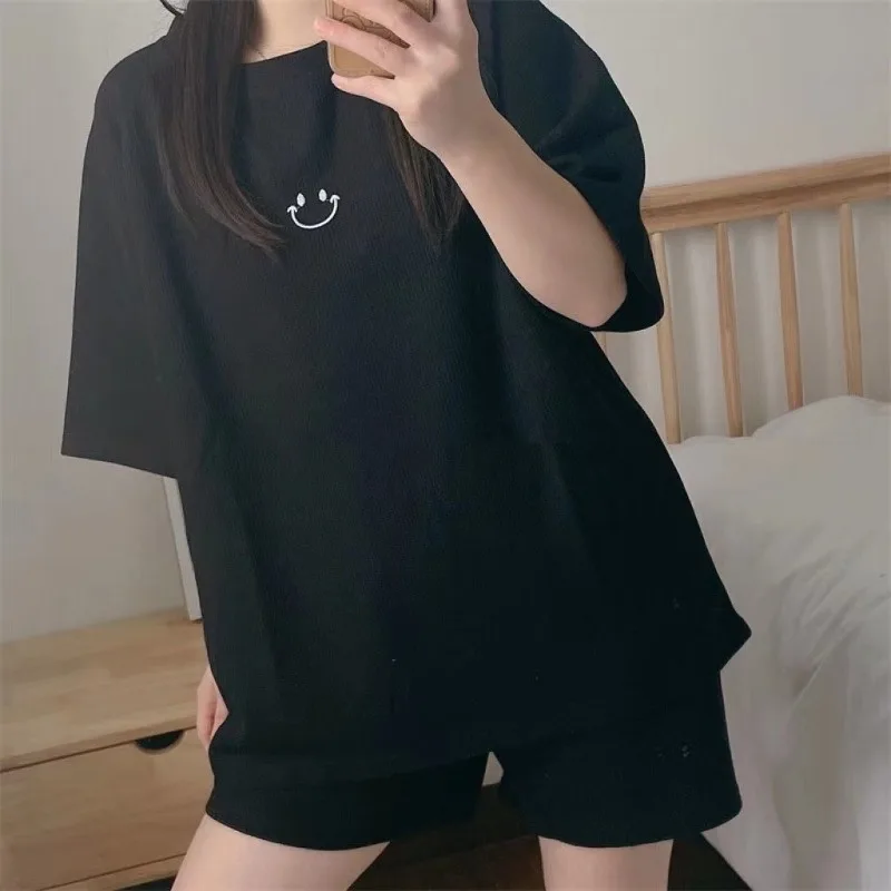 Women Summer Pajama Set Short Sleeve Long Sleeve Round Neck Two-piece Set Loose Homewear Girls Worn Outside Students Casual Lady