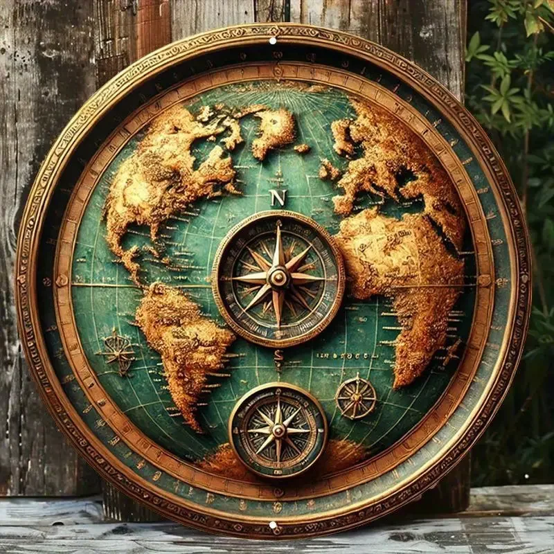 CIFBUY Nautical Retro Round Compass - Metal Painted Decorative Sea-Style Sign, Marine Wall Decor