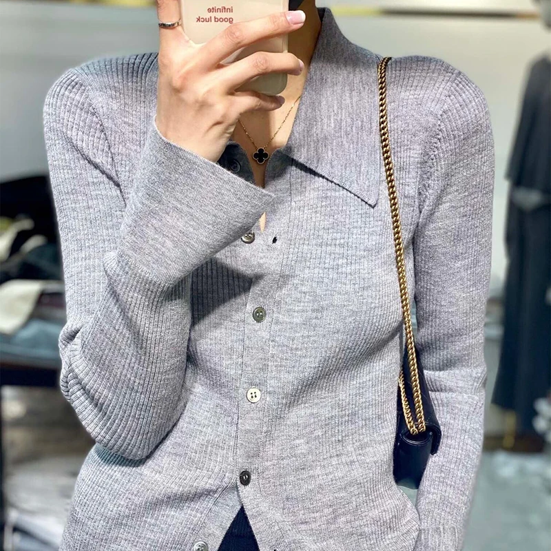 Spring 2024 POLO Collar Cardigan Sweater Loose Wool Knit Coat Solid Color Top Women's Clothing Korean Fashion