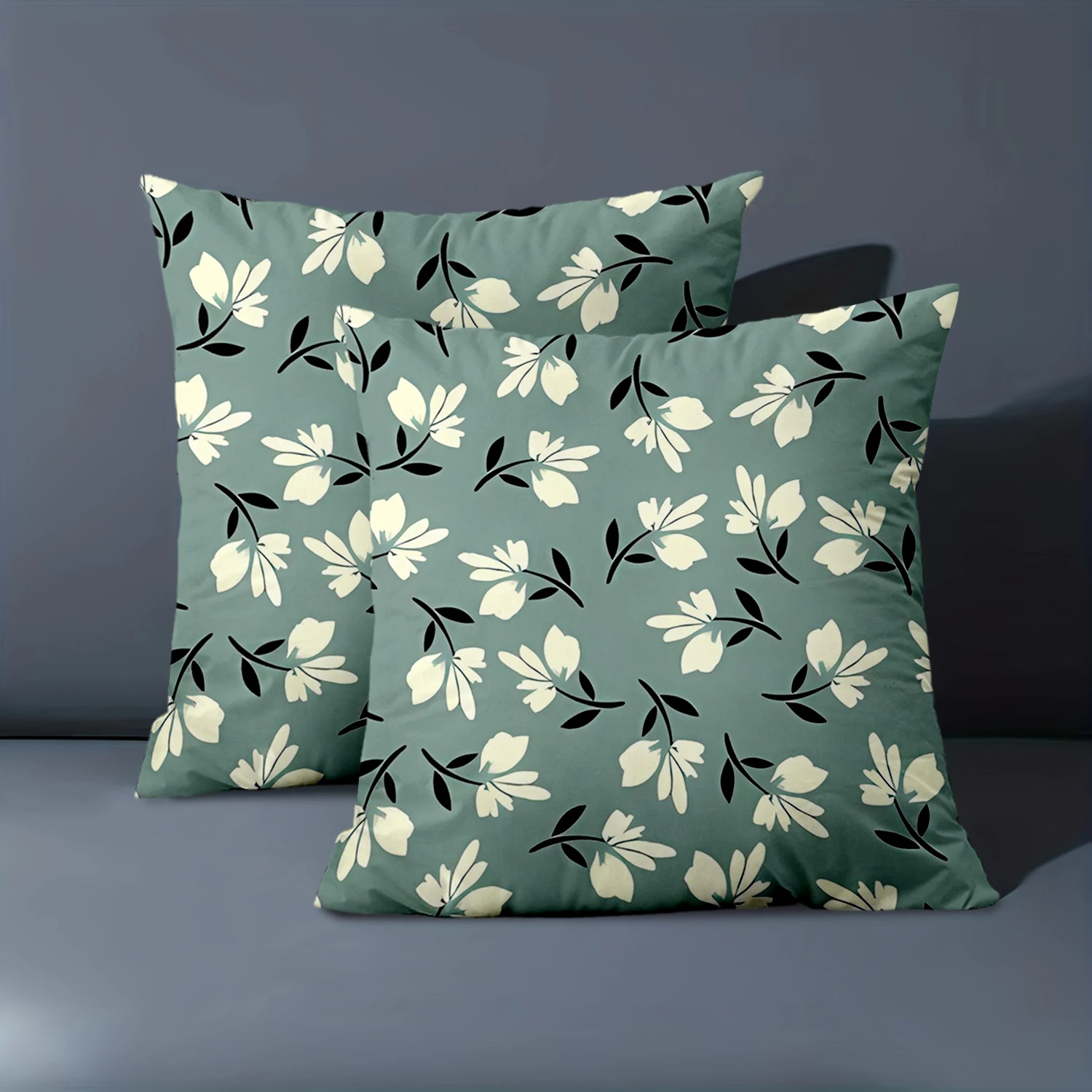 

1 Pieces -2D flat printing Green Pillow Covers with White Flowers Polyester pillowcase sofa decorative cushion cover