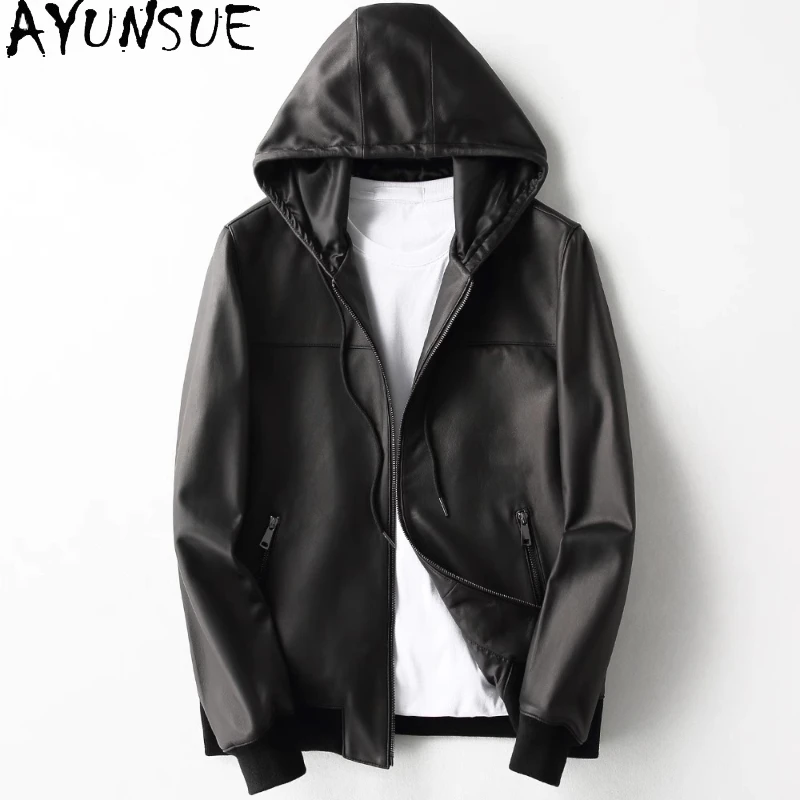 

AYUNSUE Genuine Leather Jacket Men Hooded Short 100% Real Sheepskin Leather Coat Slim-fit Motorcycle Jaqueta De Couro Masculino