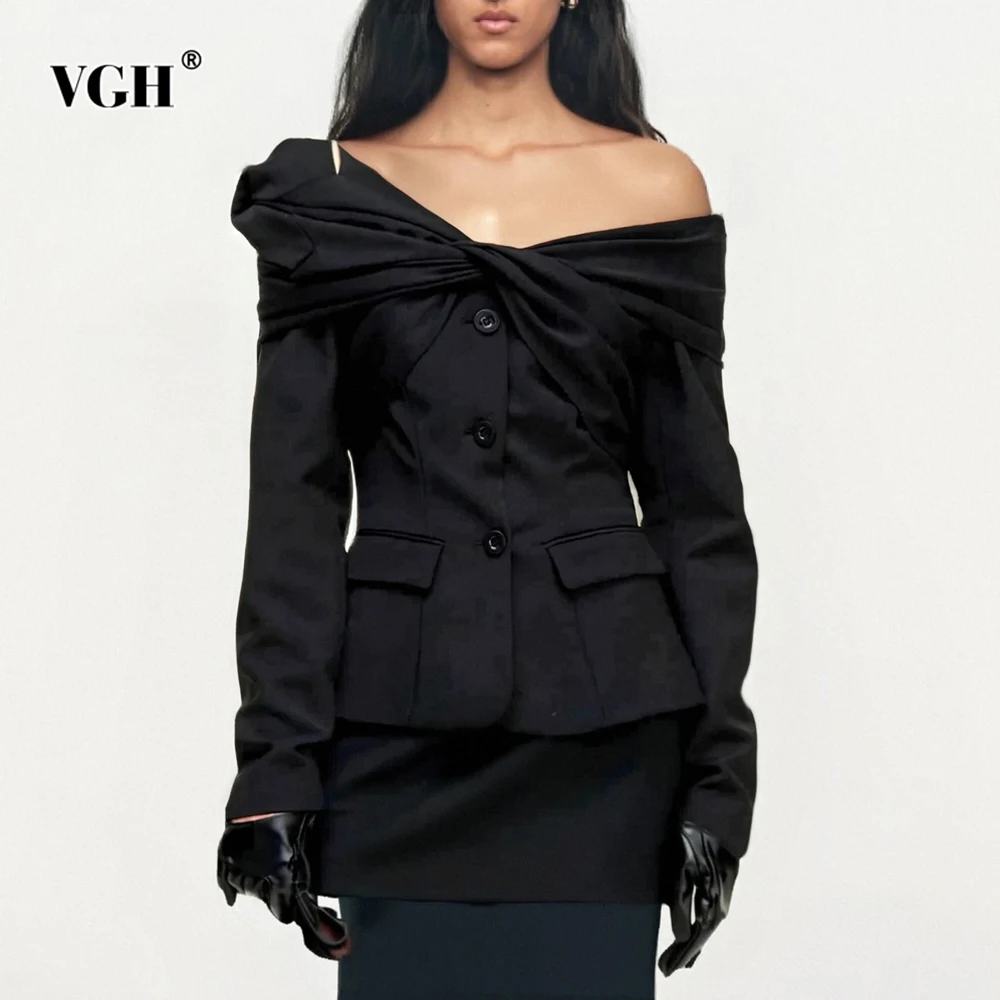 VGH Designer Solid Spliced Folds Slimming Jackets For Women Slash Neck Long Sleeve Spring Elegant Jacket Female Fashion Style
