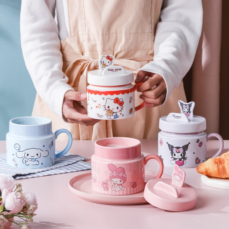 400ml Cartoon Sanrio Hello Kitty Ceramic Mug Heat-resistant Lovely Cereal Coffee Milk Water Cup with Lid Tableware Birthday Gift
