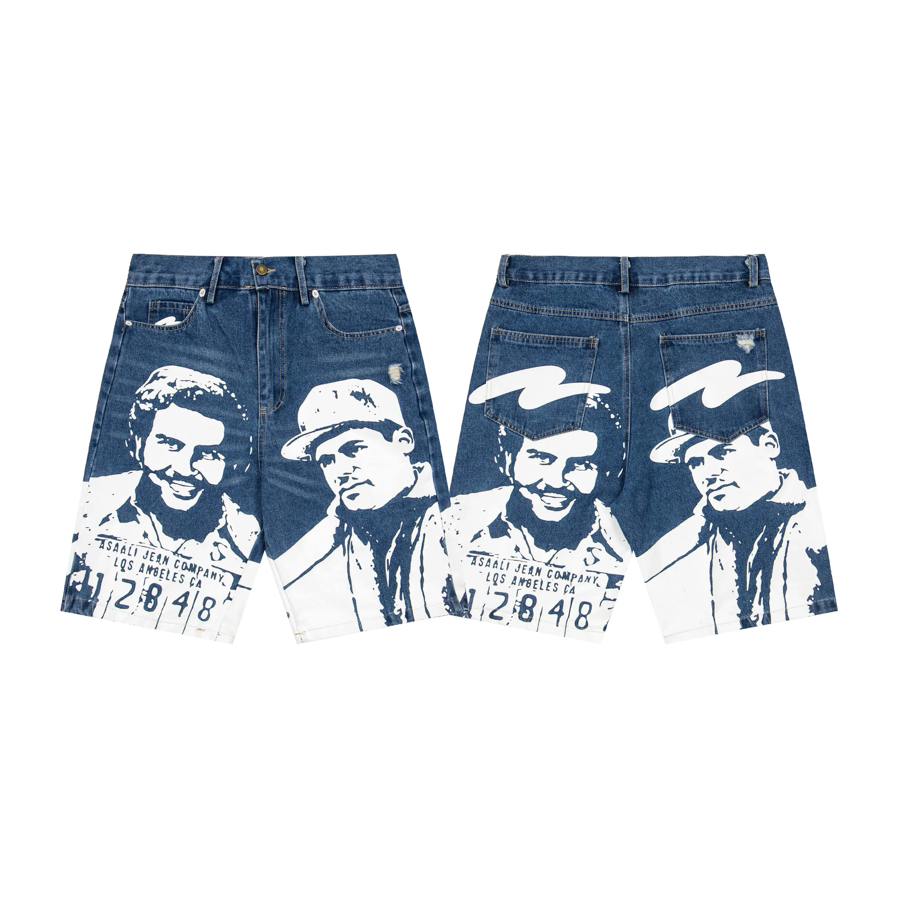 Double-Sided Character Pattern American Style Jeans Short Pants Straight Leg mid Waist Zipper Fly Non-Shrinking for Young Men