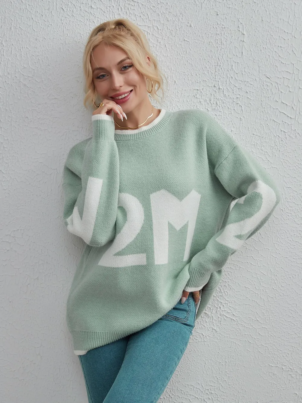 Wixra Women Sweater Letter Print Patchwork O Neck Full Sleeve Pullover Loose Casual Jumpers Autumn Winter New Knitted Clothing