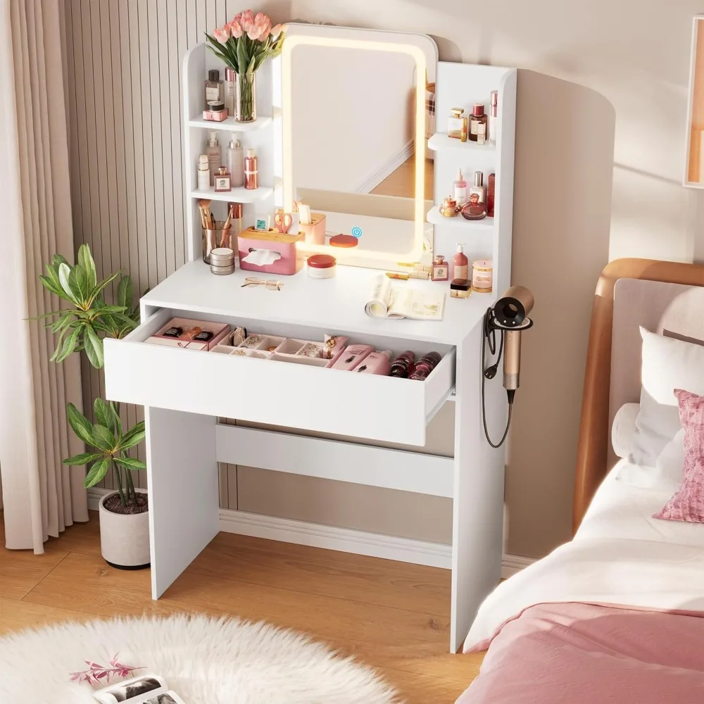 

Small Vanity Desk with Mirror and Lights, Makeup Vanity Desk with Storage Drawer, Compact Dressing Table with 3-Tier Open