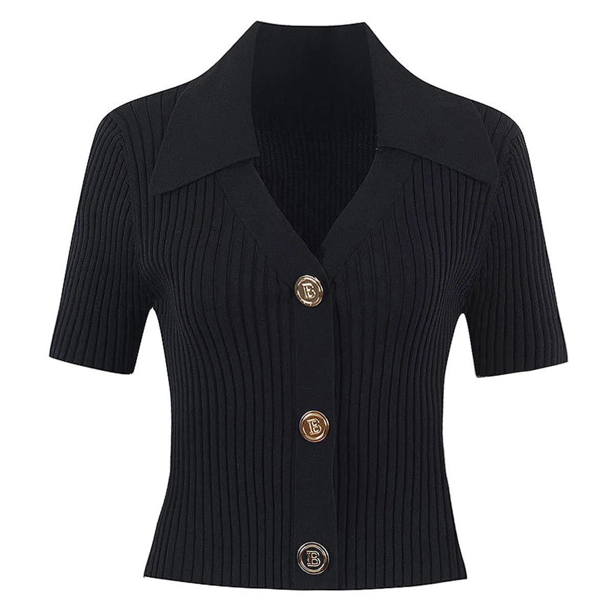 SML High Quality Fashion High Elastic Knitted Polo Collar B Button V-Neck Button Short Sleeve Slim Fit Casual Women's Cardigan