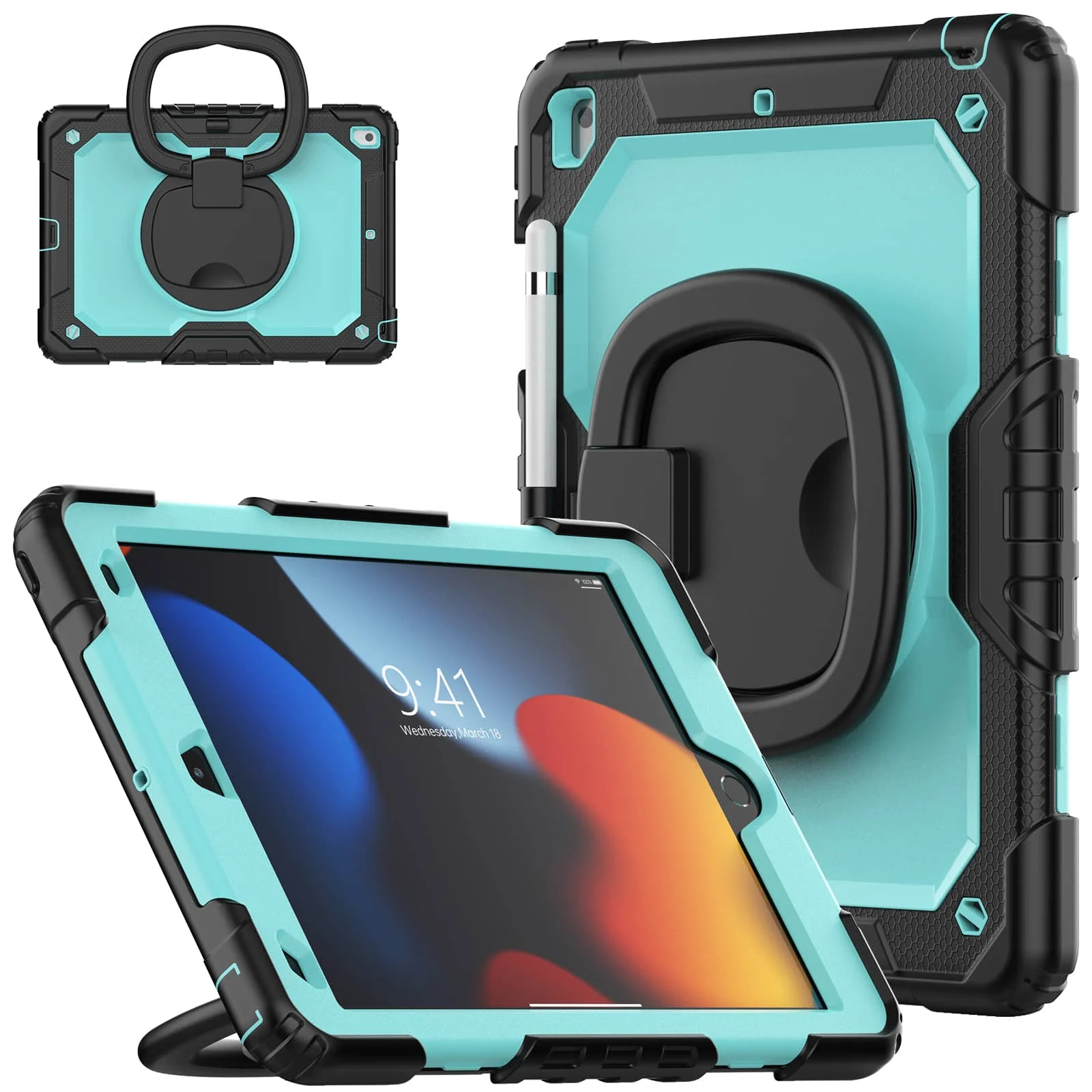 

for iPad 7/8/9th 10.2'', Military Grade Shockproof Protective Silicone Cover 360 Folding Handle Grip + Handle Shoulder Strap