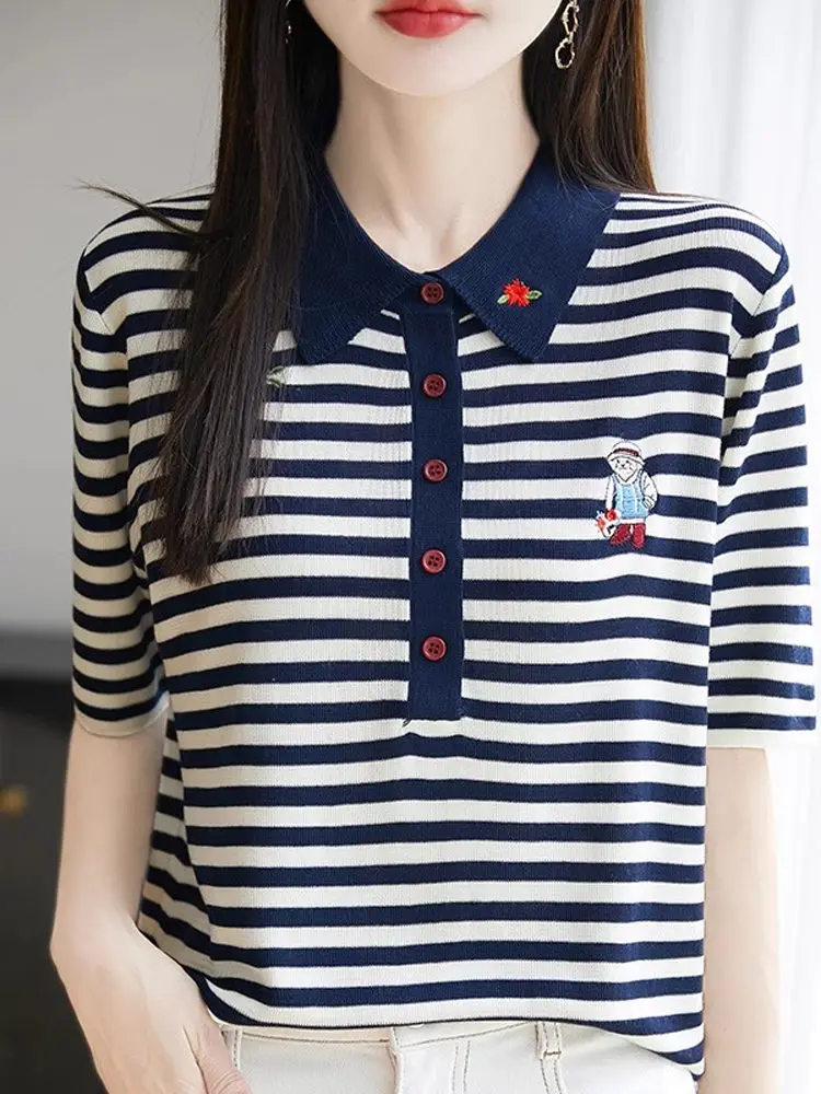 Loose  Ne ort Sve T-irt Women's Summer New Sle Korean Version Bla White Stripes Casual Overhead Top