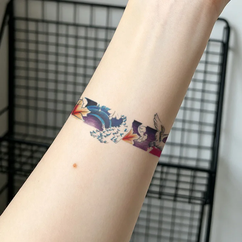 Ukiyo-e Armband Tattoo Sticker Wave Crane Maple Leaf Colorful Waterproof Temporary Tattoo for Arm Decoration Men Women