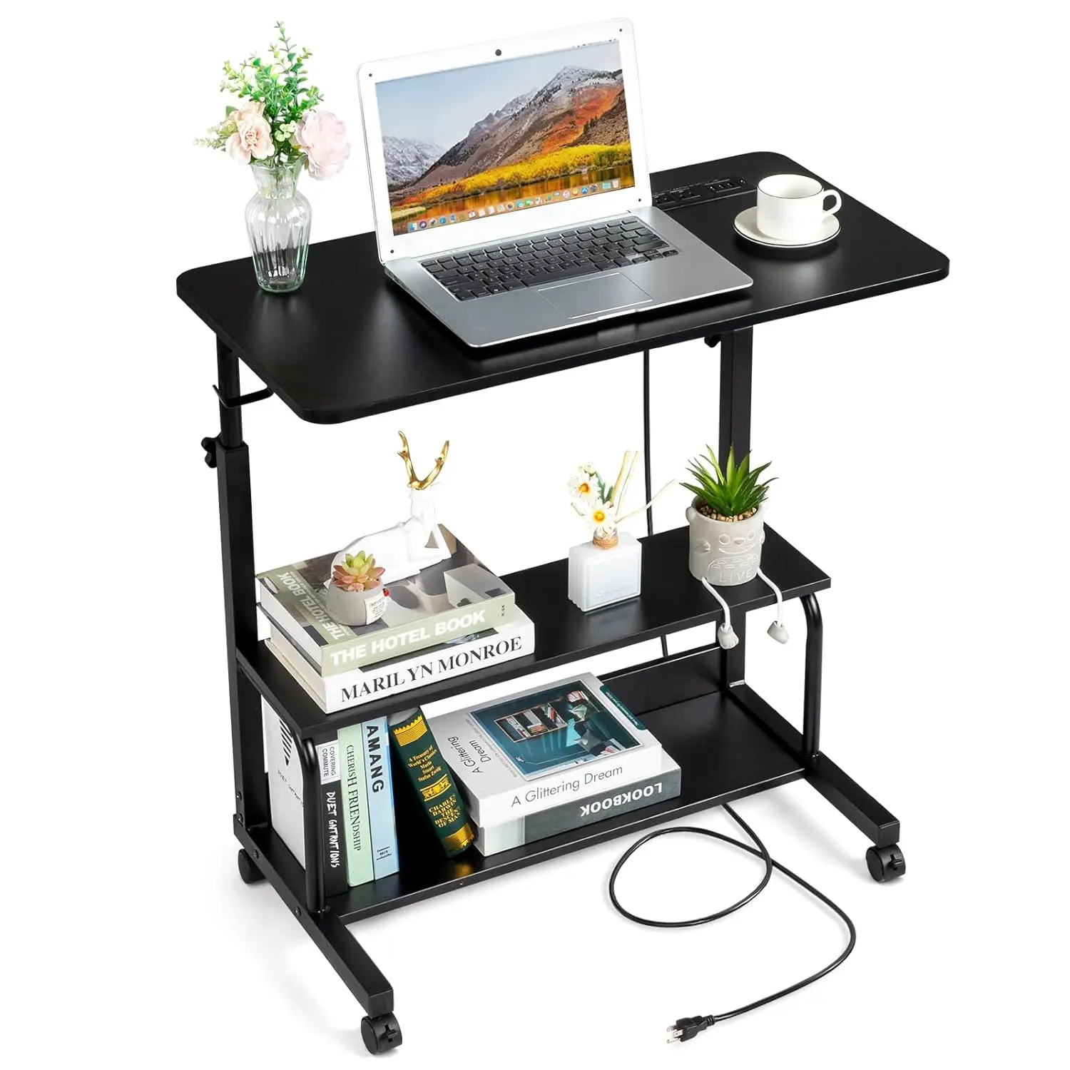 

31.5" Height Adjustable Rolling Desk with Outlets USB Ports Storage Shelves Hooks Mobile Laptop Table Home Office Customized